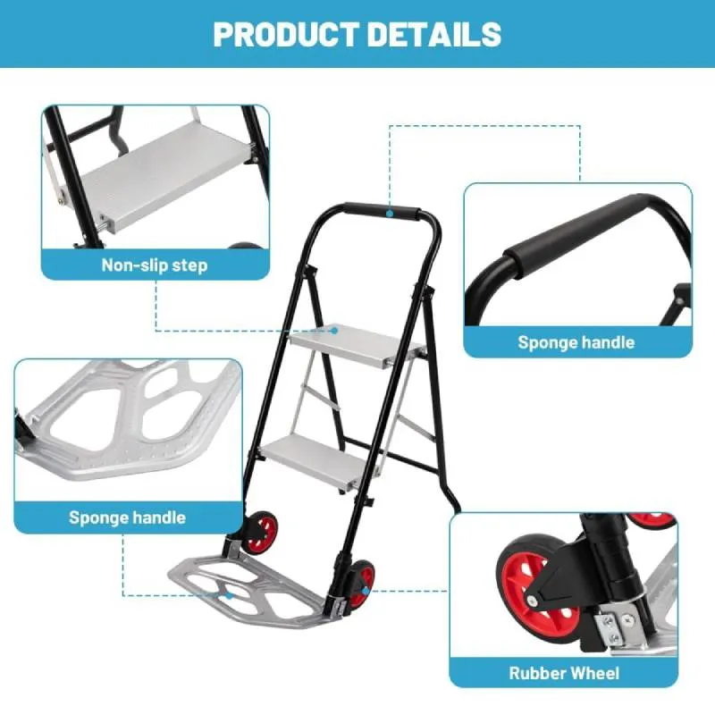 2 in 1 Hand Truck, 200 lbs Capacity, Folding Hand Truck Dolly w/Wheels & 2 Step Ladder