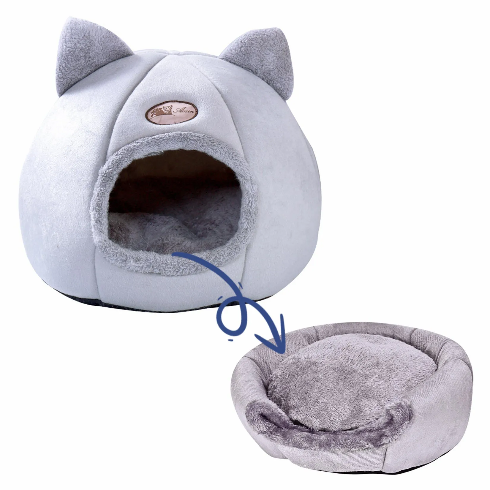 2-in-1 Pet Sleeping Tent Cat Bed,  Self-Warming Cave Nest Cat Hut with Removable Washable Cushion