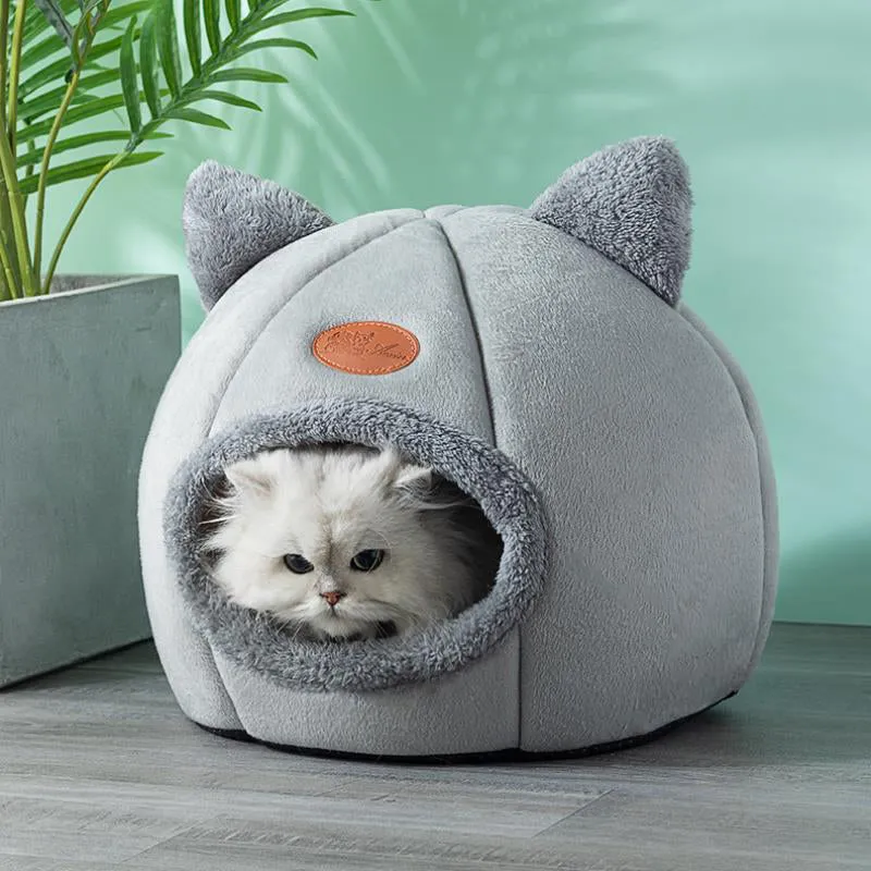 2-in-1 Pet Sleeping Tent Cat Bed,  Self-Warming Cave Nest Cat Hut with Removable Washable Cushion