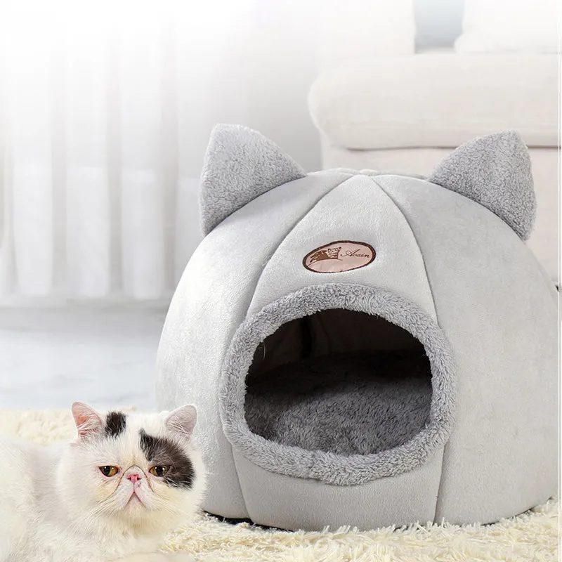2-in-1 Pet Sleeping Tent Cat Bed,  Self-Warming Cave Nest Cat Hut with Removable Washable Cushion