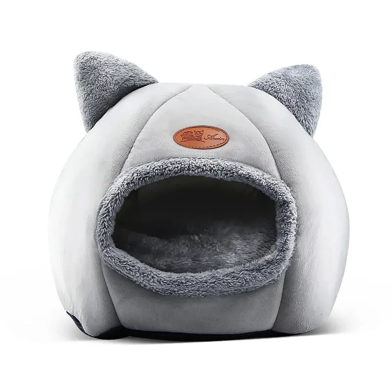 2-in-1 Pet Sleeping Tent Cat Bed,  Self-Warming Cave Nest Cat Hut with Removable Washable Cushion