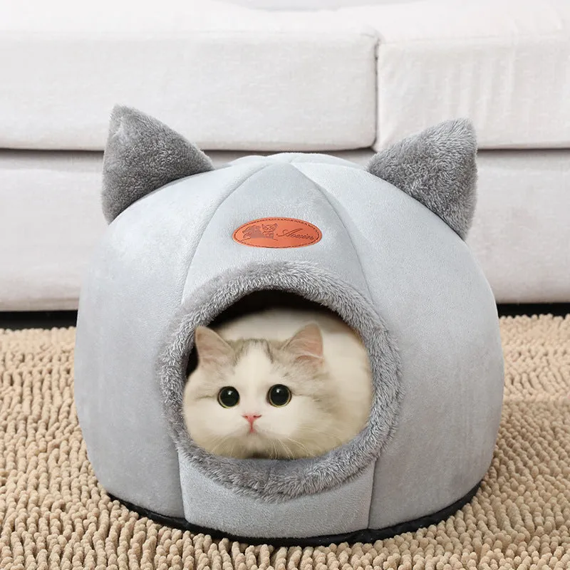 2-in-1 Pet Sleeping Tent Cat Bed,  Self-Warming Cave Nest Cat Hut with Removable Washable Cushion