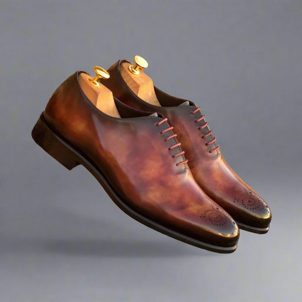 Ambrogio Bespoke Men's Handmade Custom Made Shoes Orange Fire Patina Leather Dress Oxfords (AMB1296)