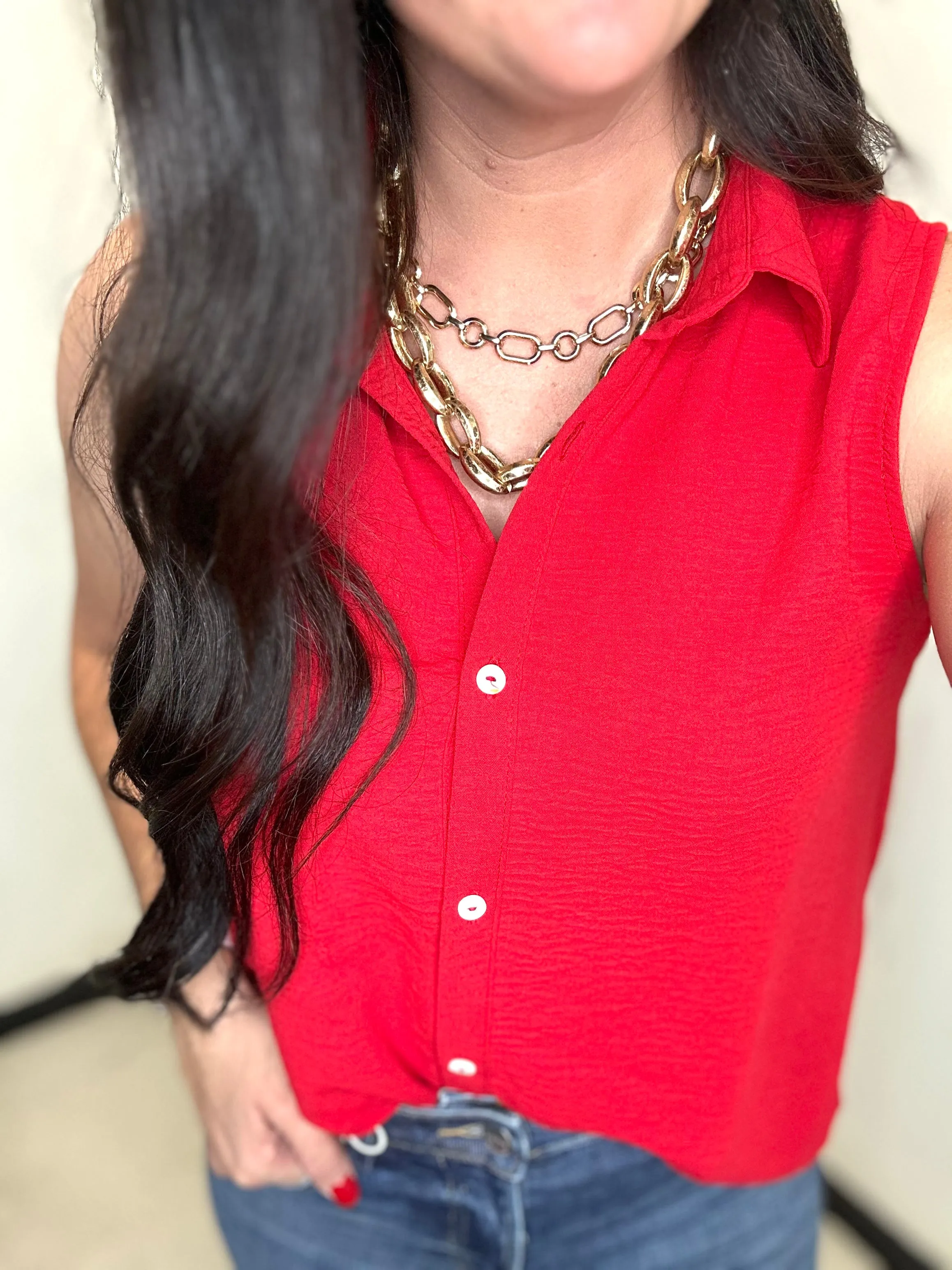Andree by Unit Sleeveless Button Down Blouse Red