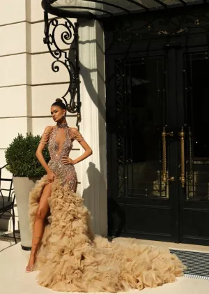 Aniya  Elegant Off-Shoulder Golden Evening Dress