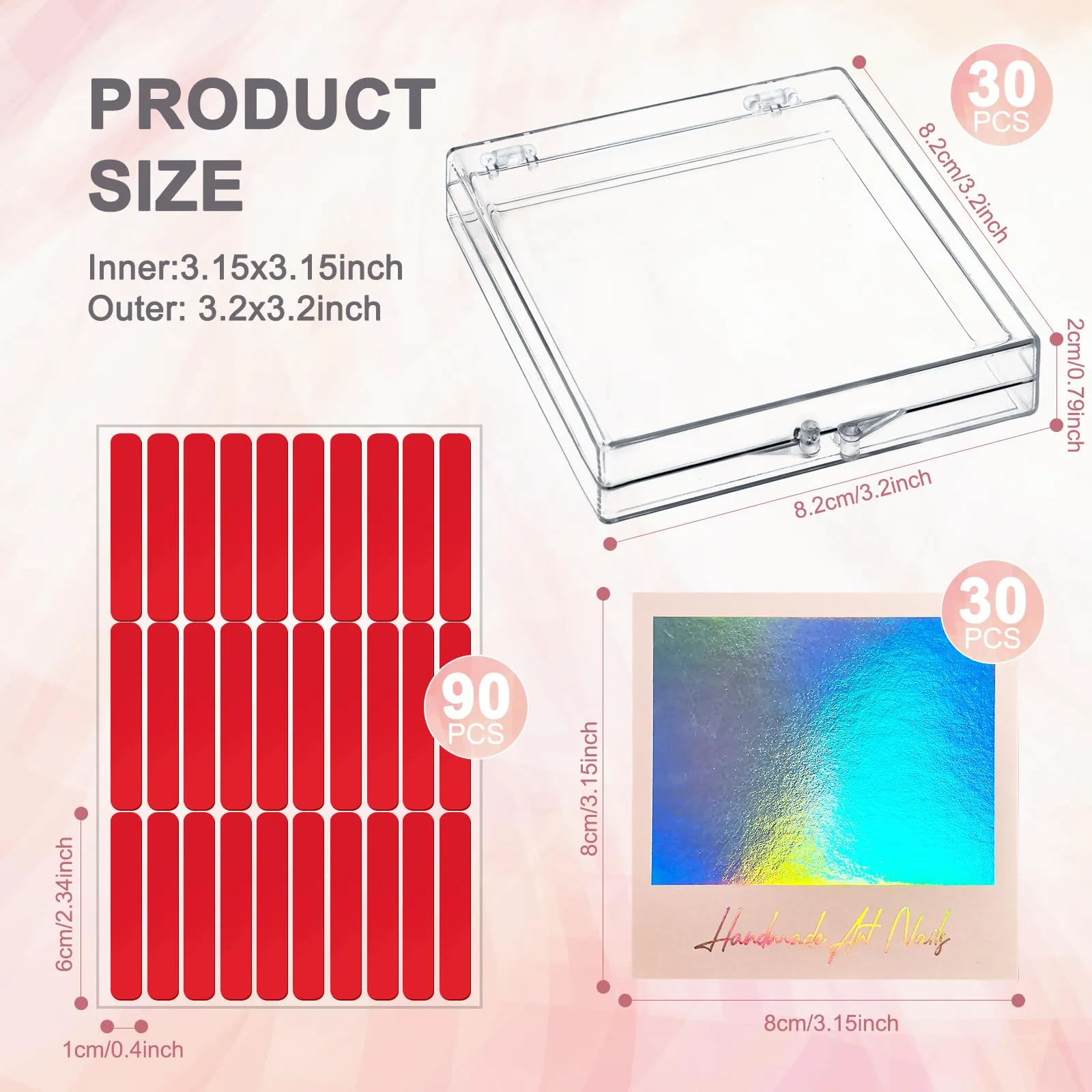 CloudTrip 30Boxes   30 Instruction Cards Large (8 x 8cm) Press On Nail Packaging Storage Box and 90pcs Adhesive Tabs - Acrylic Organizer Case for Artificial Nail for Nail Business Supplies