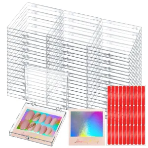 CloudTrip 30Boxes   30 Instruction Cards Large (8 x 8cm) Press On Nail Packaging Storage Box and 90pcs Adhesive Tabs - Acrylic Organizer Case for Artificial Nail for Nail Business Supplies