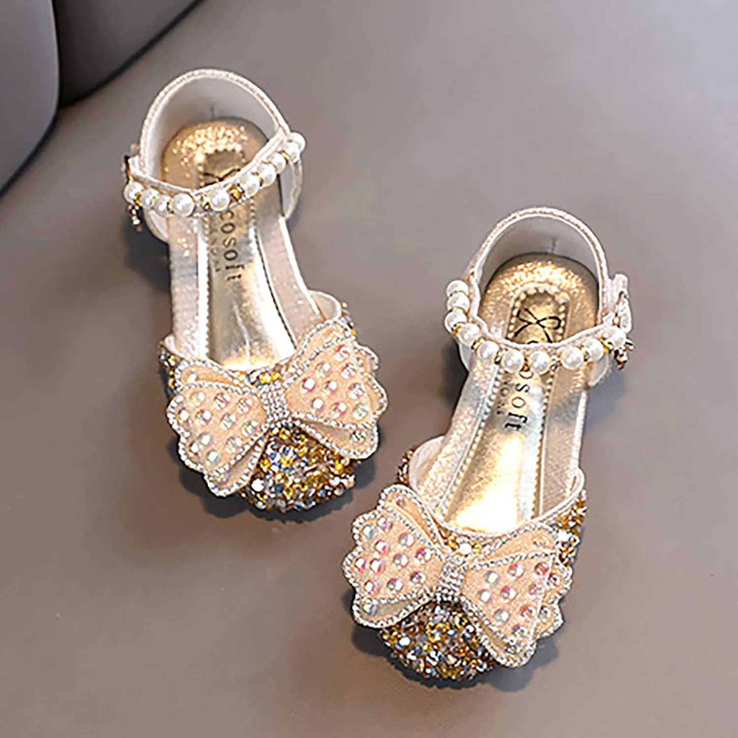 Fashion Spring and Summer Kids Dance Shoes Girls Dress Performance Rhinestone Pearl Bow Princess Shoes