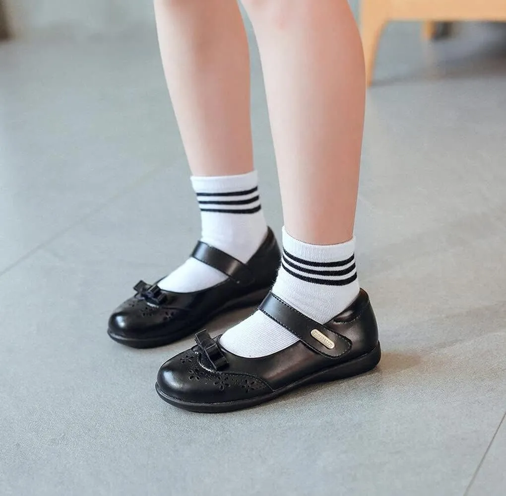 Girl's Mary Jane Flats Black School Uniform Oxfords Strap Princess Dress Shoes with Bow