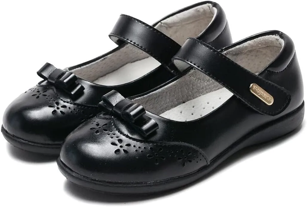Girl's Mary Jane Flats Black School Uniform Oxfords Strap Princess Dress Shoes with Bow