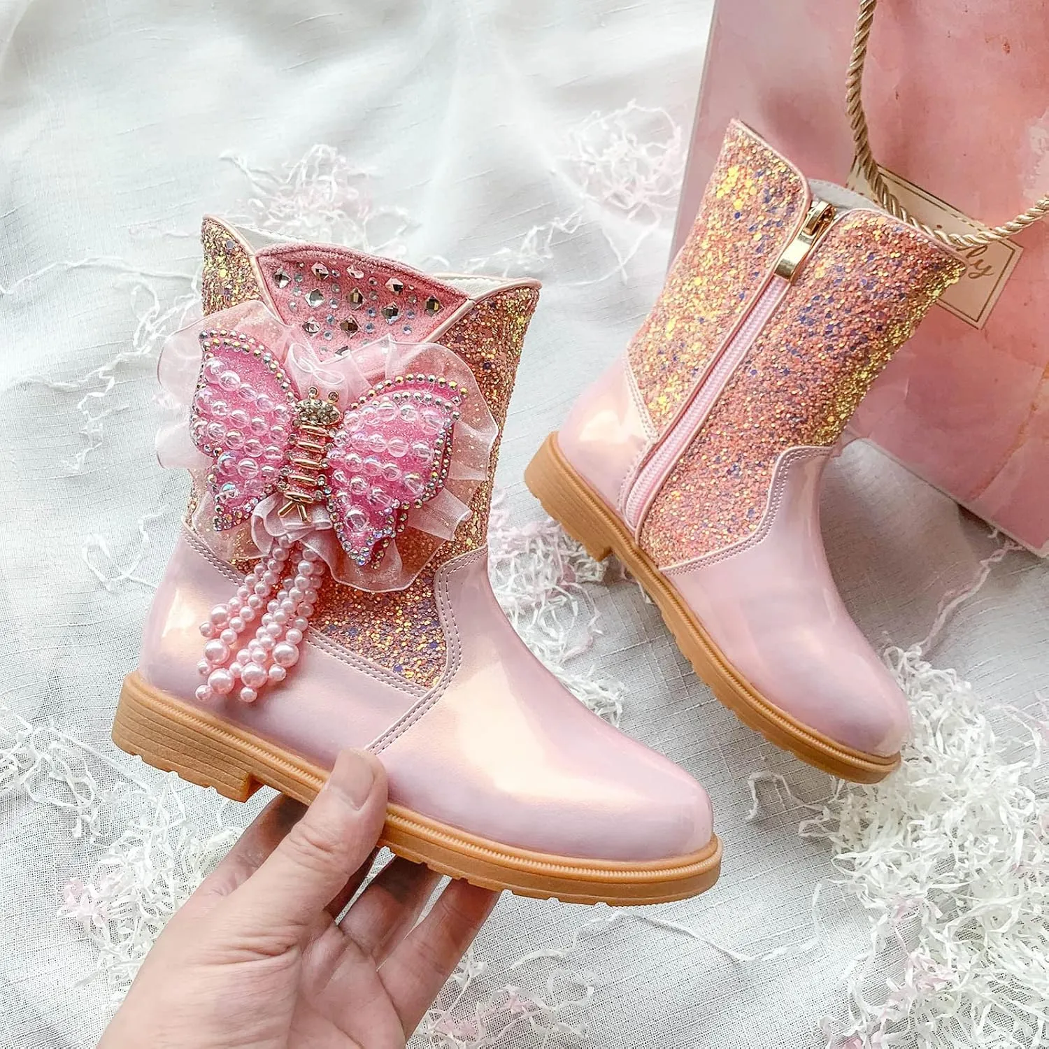 Girls Raincoat and Matching Rain Boots Girls Boots Autumn and Winter Bowknot Cute Children Boots Riding Shoes for Kids