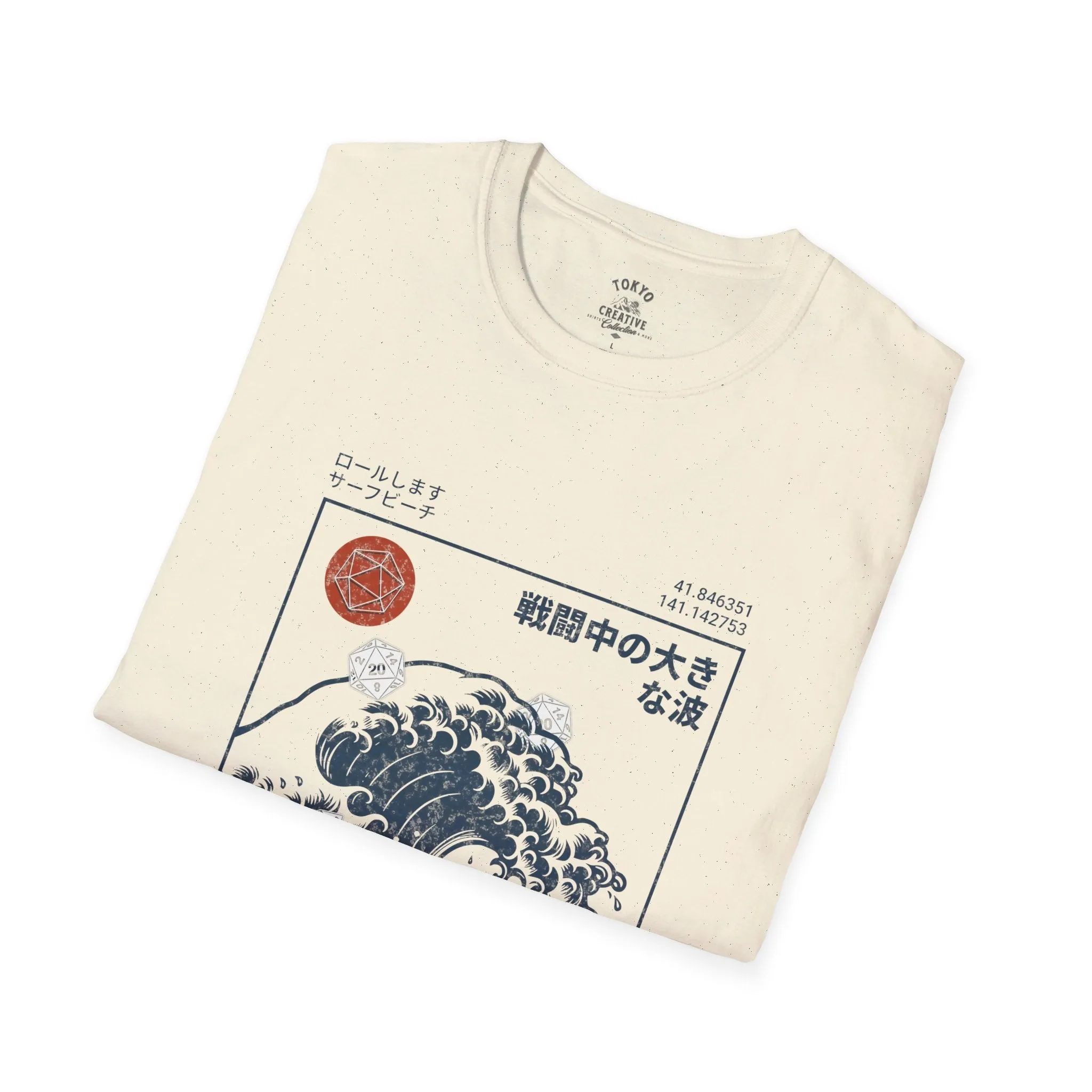 Great Wave D20 Dice Surfing Shirt - Ukiyo-E Inspired Surfer Tee with Dungeons & Dragons Theme, Hokkaido Coastline Design, Unisex
