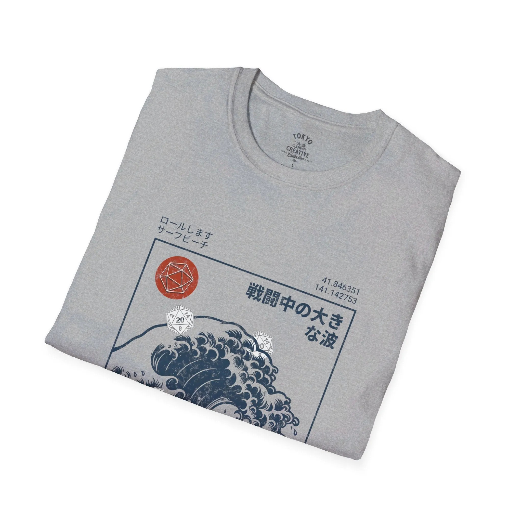 Great Wave D20 Dice Surfing Shirt - Ukiyo-E Inspired Surfer Tee with Dungeons & Dragons Theme, Hokkaido Coastline Design, Unisex