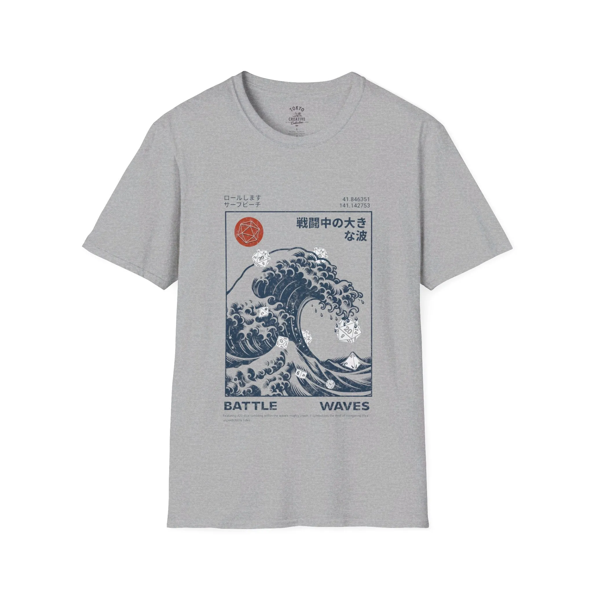 Great Wave D20 Dice Surfing Shirt - Ukiyo-E Inspired Surfer Tee with Dungeons & Dragons Theme, Hokkaido Coastline Design, Unisex