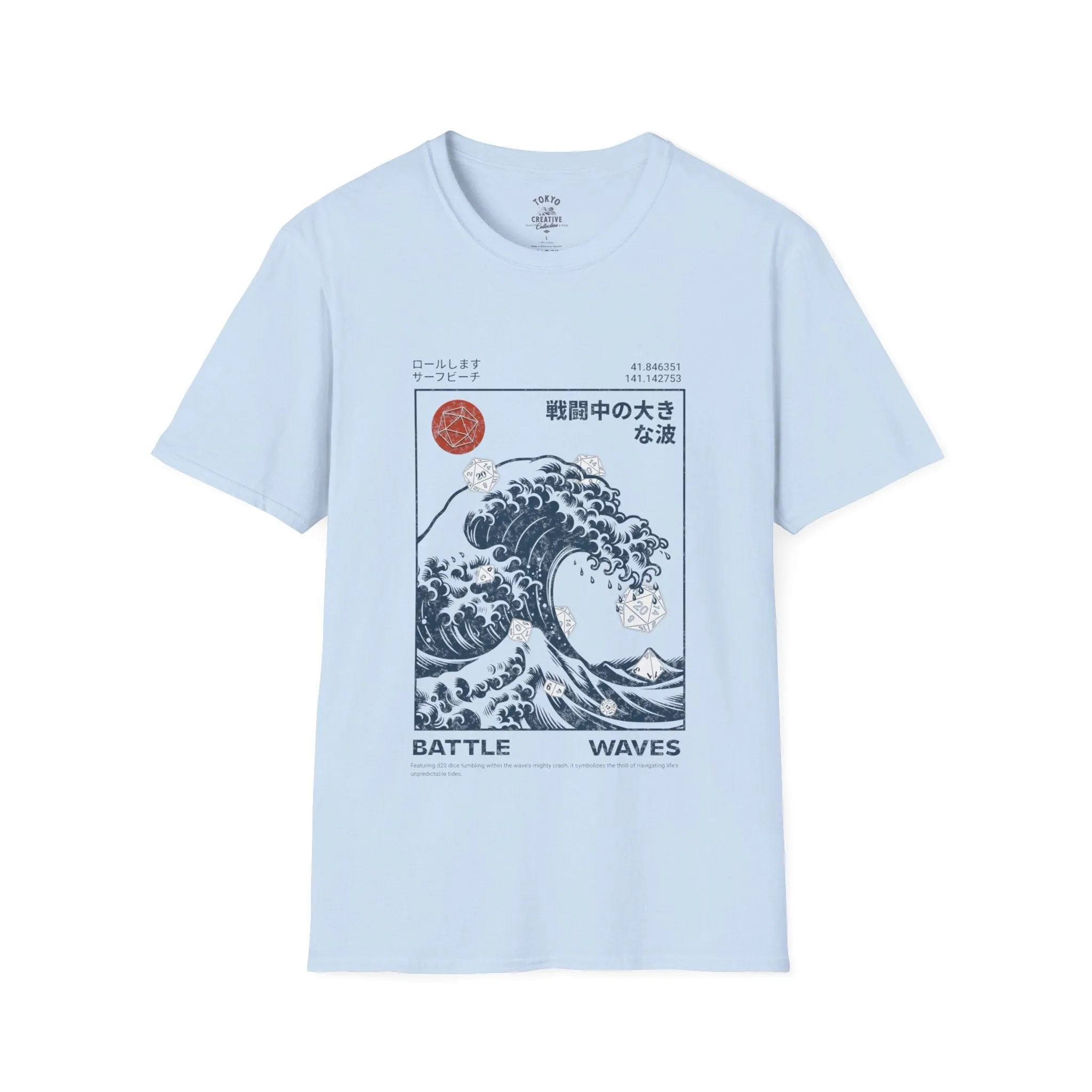 Great Wave D20 Dice Surfing Shirt - Ukiyo-E Inspired Surfer Tee with Dungeons & Dragons Theme, Hokkaido Coastline Design, Unisex
