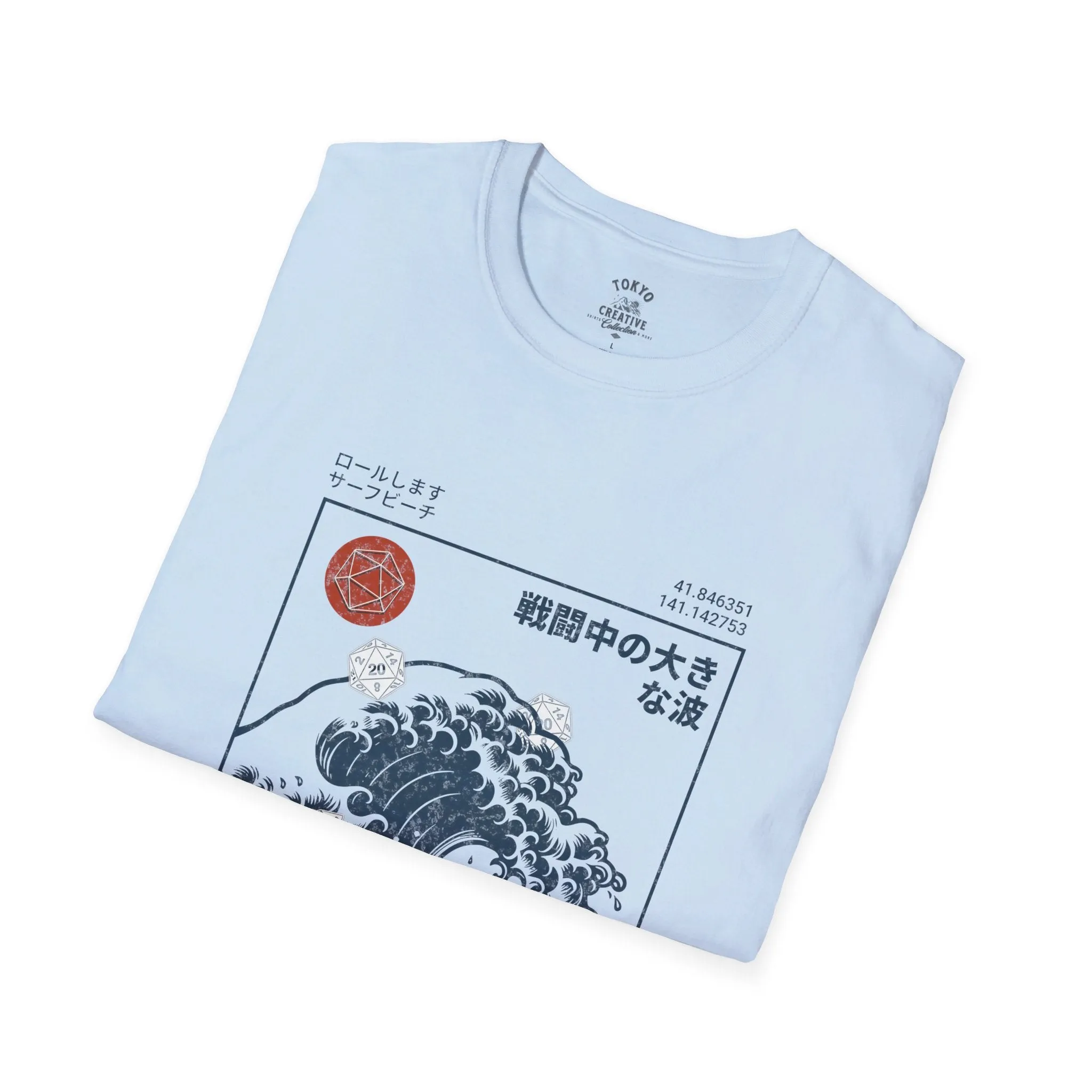 Great Wave D20 Dice Surfing Shirt - Ukiyo-E Inspired Surfer Tee with Dungeons & Dragons Theme, Hokkaido Coastline Design, Unisex