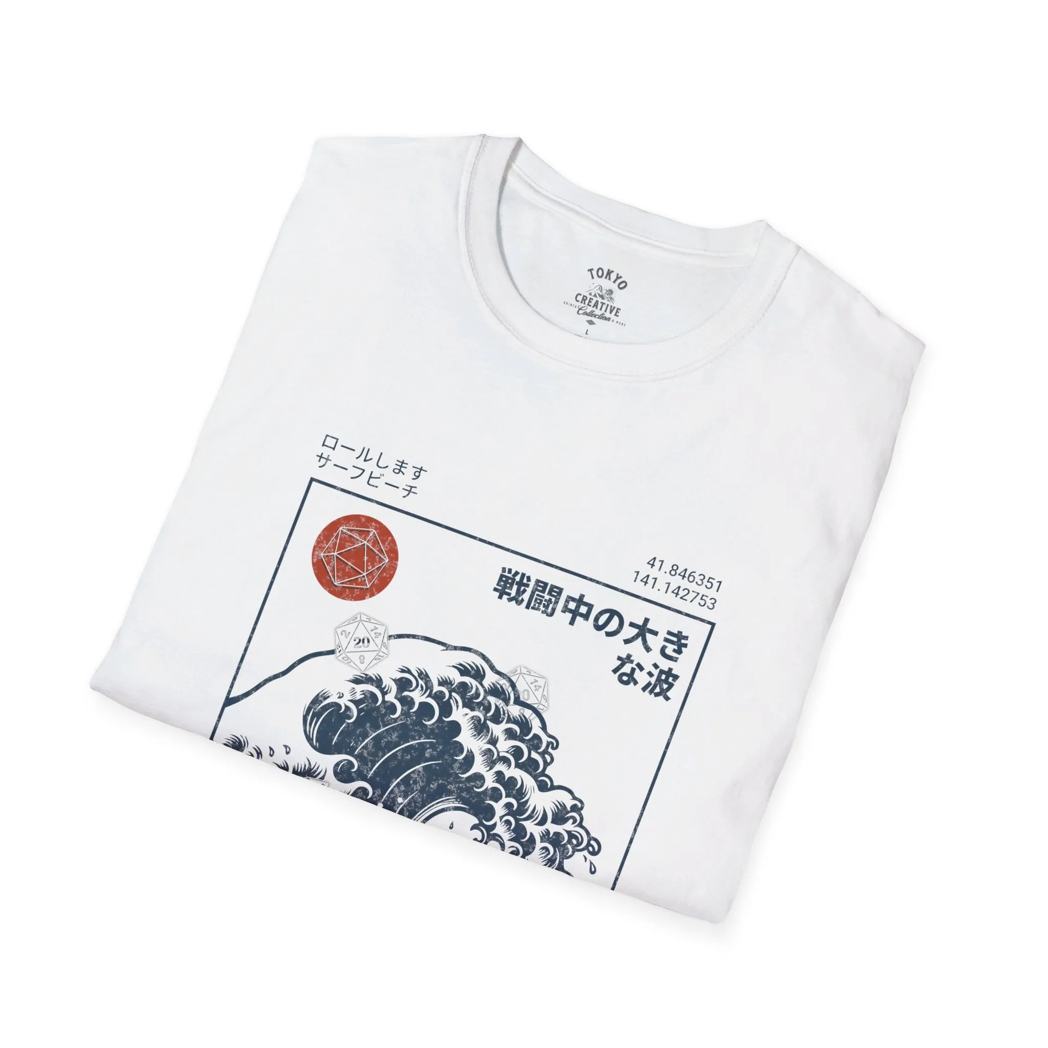 Great Wave D20 Dice Surfing Shirt - Ukiyo-E Inspired Surfer Tee with Dungeons & Dragons Theme, Hokkaido Coastline Design, Unisex