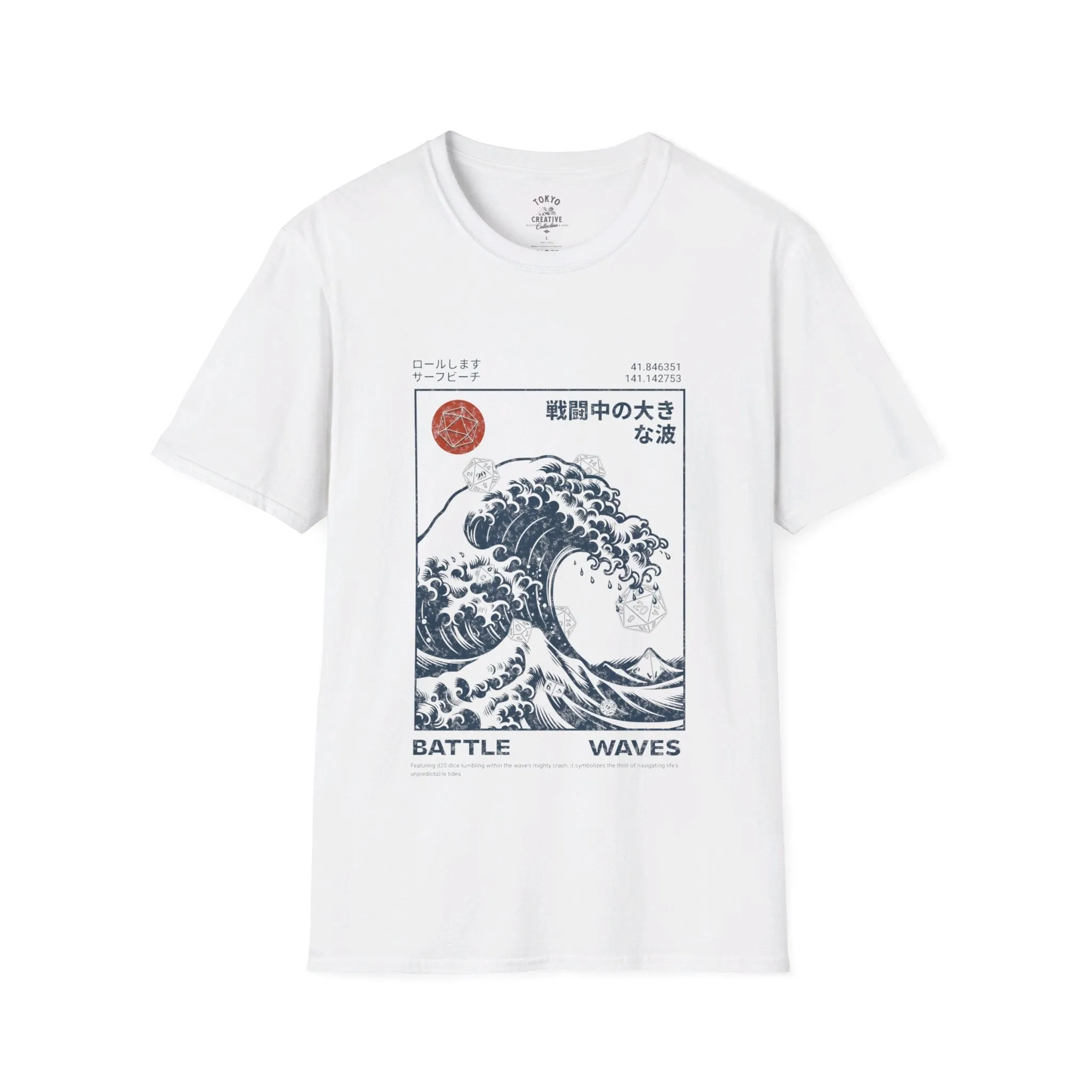 Great Wave D20 Dice Surfing Shirt - Ukiyo-E Inspired Surfer Tee with Dungeons & Dragons Theme, Hokkaido Coastline Design, Unisex