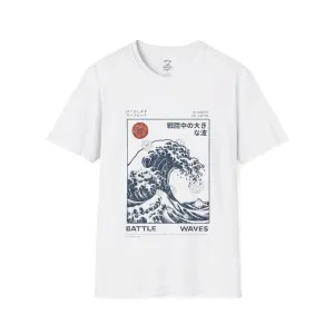 Great Wave D20 Dice Surfing Shirt - Ukiyo-E Inspired Surfer Tee with Dungeons & Dragons Theme, Hokkaido Coastline Design, Unisex
