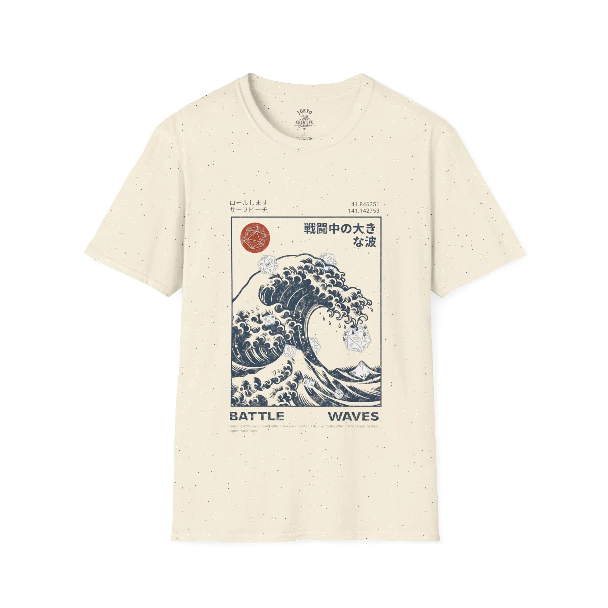 Great Wave D20 Dice Surfing Shirt - Ukiyo-E Inspired Surfer Tee with Dungeons & Dragons Theme, Hokkaido Coastline Design, Unisex