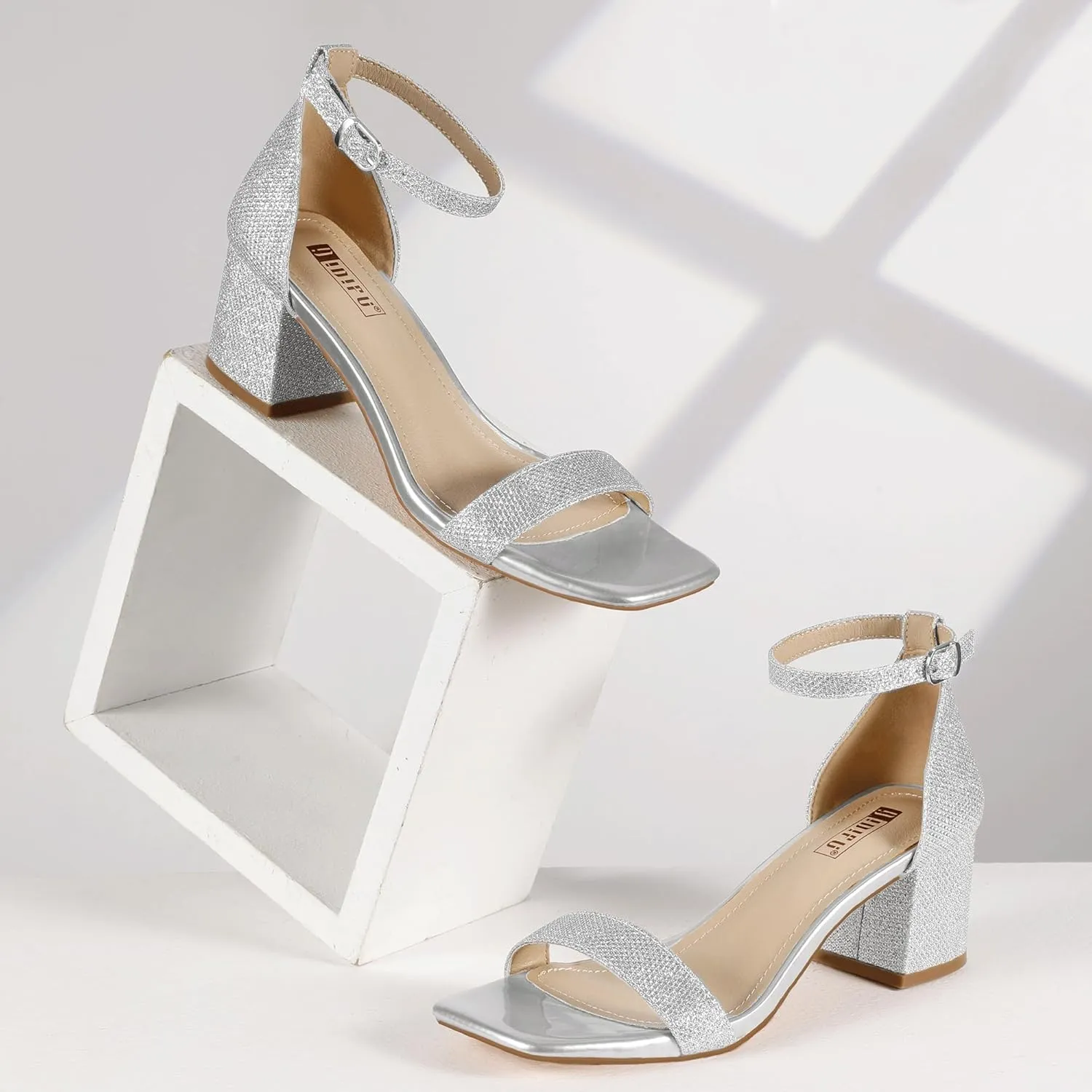 IDIFU IN2 Chunky Block Low Heels Square Open Toe Ankle Strap Short Heeled Sandals Wedding Bride Bridal Ladies Summer Prom Dress Shoes for Women Dressy Comfortable Formal Cute Trendy Small Thick Heels
