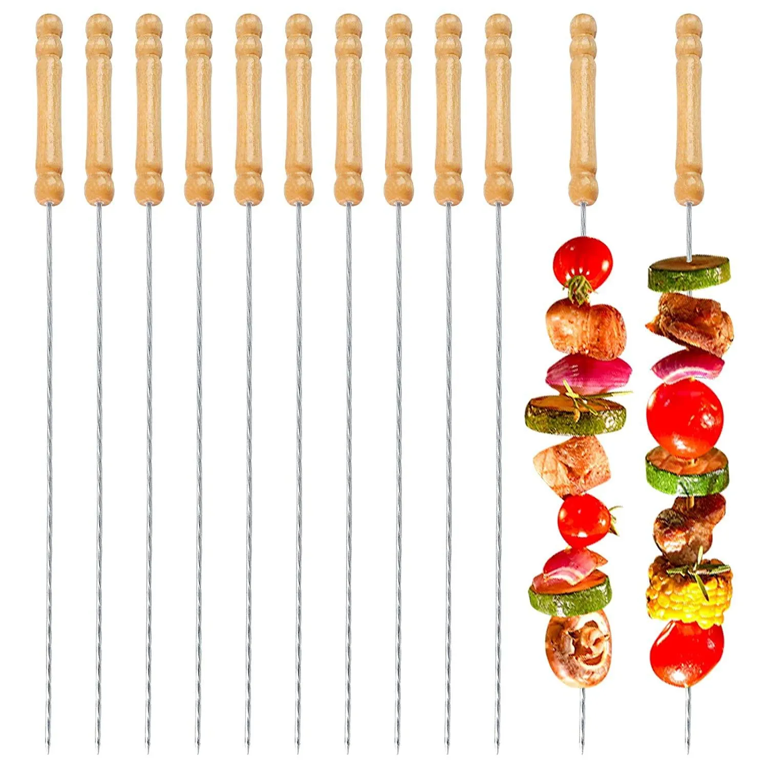 K Kudos stainless Steel Barbeque Skewers Set Reusable BBQ Grilling Sticks for Outdoor Camping Cooking Tools with Wooden Grip pack of 10