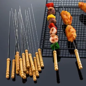K Kudos stainless Steel Barbeque Skewers Set Reusable BBQ Grilling Sticks for Outdoor Camping Cooking Tools with Wooden Grip pack of 10
