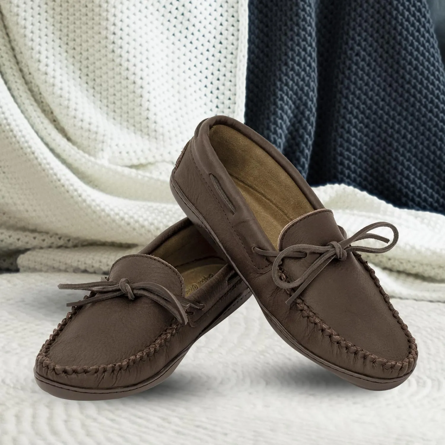Laurentian Chief Moccasin with 8-Hole Collar for Men  Stylish and Comfortable House Slippers with Brown Rubber Sole  Leather Indoor and Outdoor Slippers