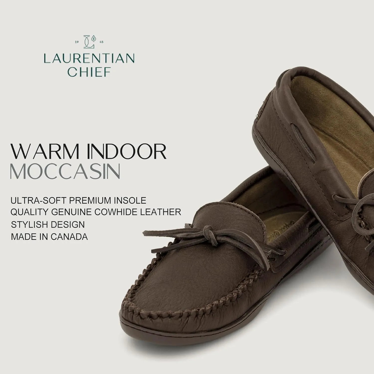 Laurentian Chief Moccasin with 8-Hole Collar for Men  Stylish and Comfortable House Slippers with Brown Rubber Sole  Leather Indoor and Outdoor Slippers