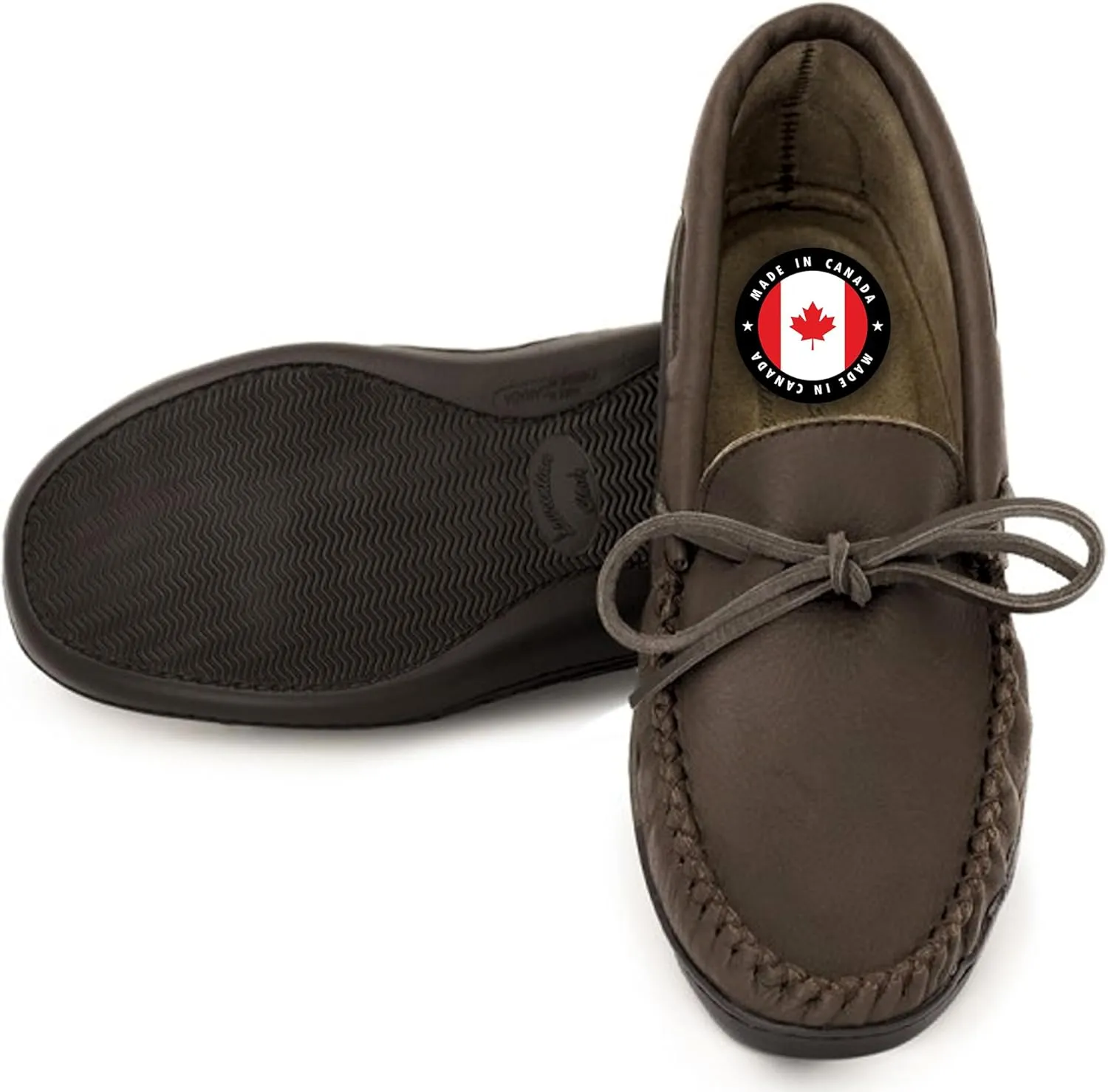 Laurentian Chief Moccasin with 8-Hole Collar for Men  Stylish and Comfortable House Slippers with Brown Rubber Sole  Leather Indoor and Outdoor Slippers