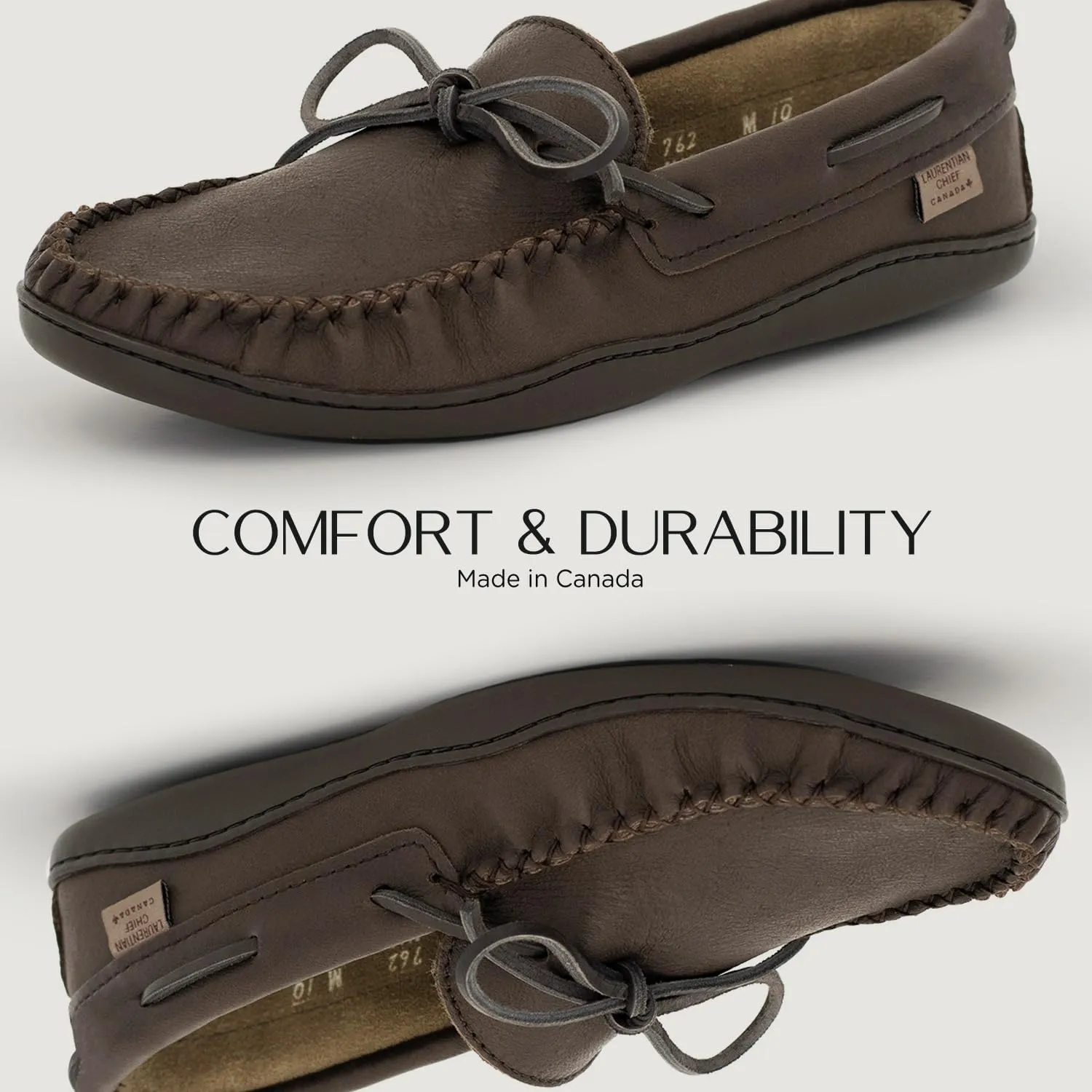 Laurentian Chief Moccasin with 8-Hole Collar for Men  Stylish and Comfortable House Slippers with Brown Rubber Sole  Leather Indoor and Outdoor Slippers