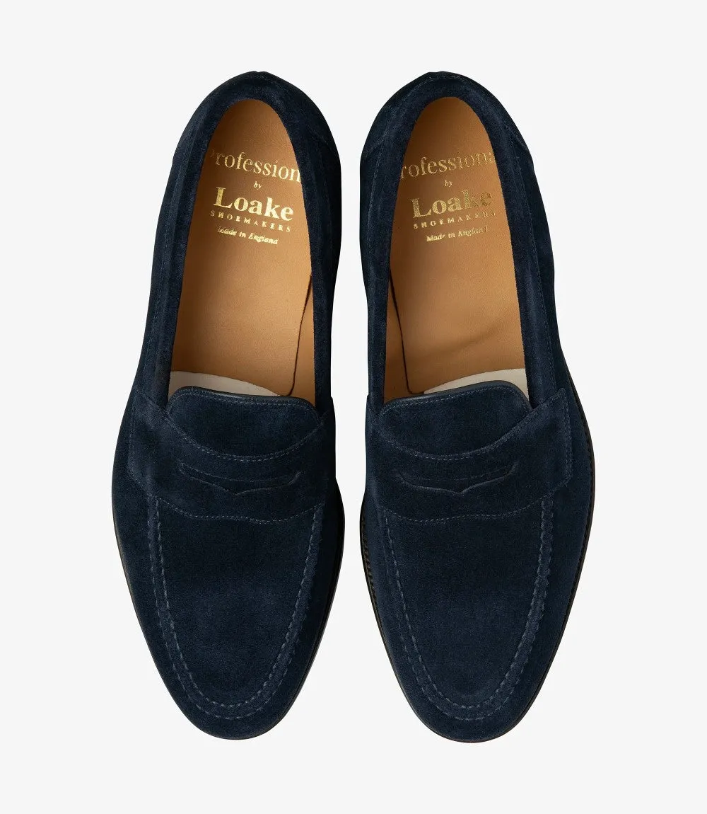 LOAKE IMPERIAL NAVY SUEDE LOAFER LEATHER SOLE F-MEDIUM