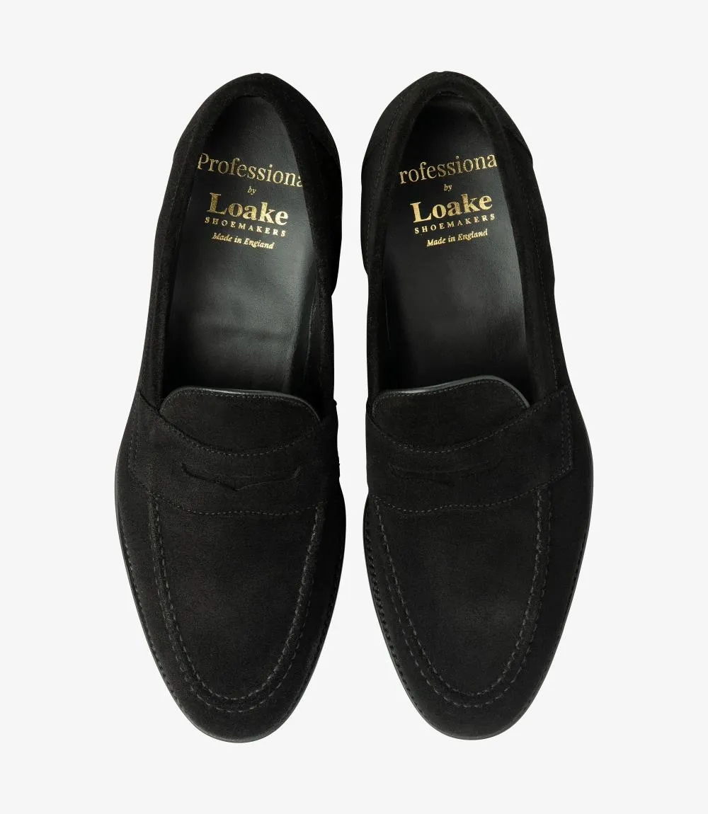 LOAKE IMPERIAL SUEDE BLACK SUEDE LOAFER SLIP ON RUBBER SOLE F-MEDIUM