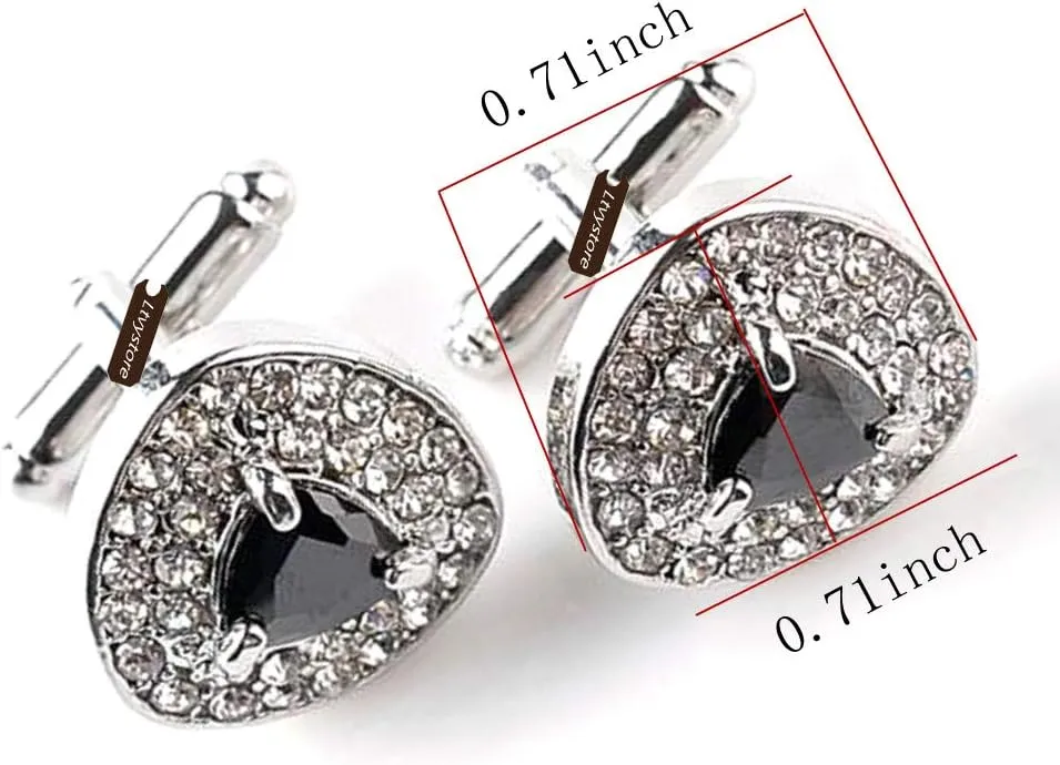 Luxury Black Crystal White Rhinestones Heart Cufflinks for Women Men Shirt, Ltvystore Jewelry Trendy Geometric Cuff Links Buttons with Box