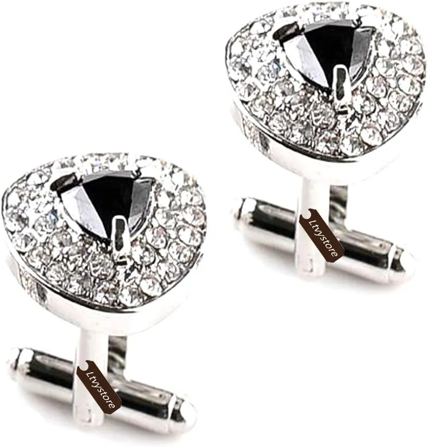 Luxury Black Crystal White Rhinestones Heart Cufflinks for Women Men Shirt, Ltvystore Jewelry Trendy Geometric Cuff Links Buttons with Box
