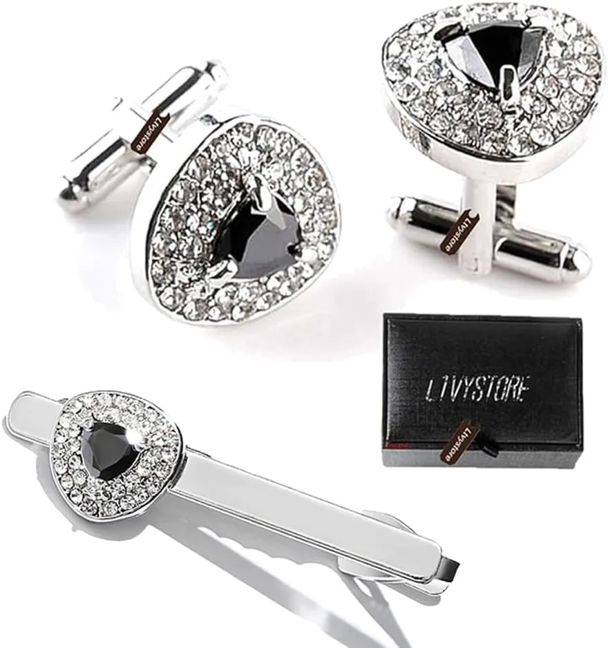 Luxury Black Crystal White Rhinestones Heart Cufflinks for Women Men Shirt, Ltvystore Jewelry Trendy Geometric Cuff Links Buttons with Box