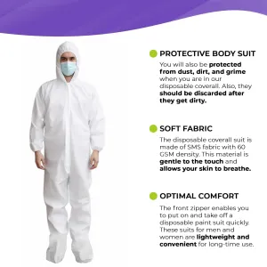 Medical Disposable Coveralls for Men Women Large Size Pack of 5 White Suit