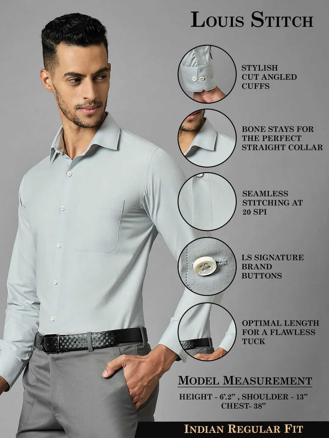 Men's Solid Grey Full Sleeves Regular Fit Formal Shirt