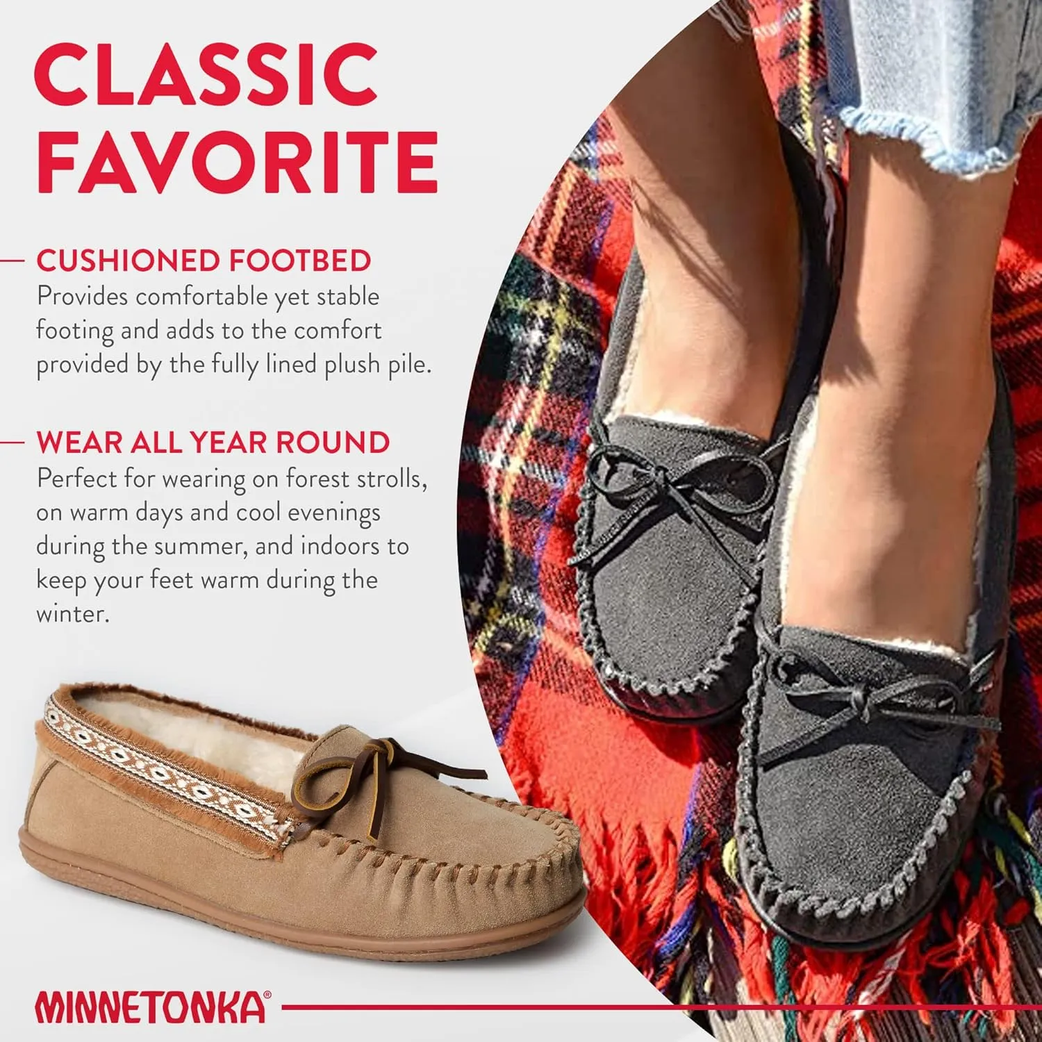 Minnetonka Womens Camp Tie Moc  Cozy, Suede Moccasin Slippers for Women with Plush Pile Lining, Cushioned Footbed, and Durable Sole for Indoor & Outdoor Comfort