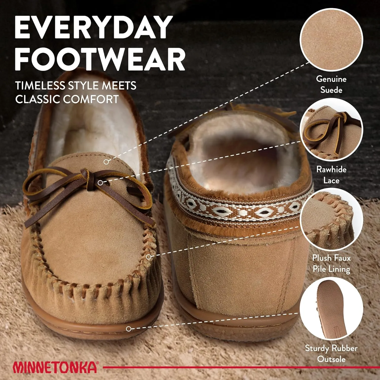 Minnetonka Womens Camp Tie Moc  Cozy, Suede Moccasin Slippers for Women with Plush Pile Lining, Cushioned Footbed, and Durable Sole for Indoor & Outdoor Comfort