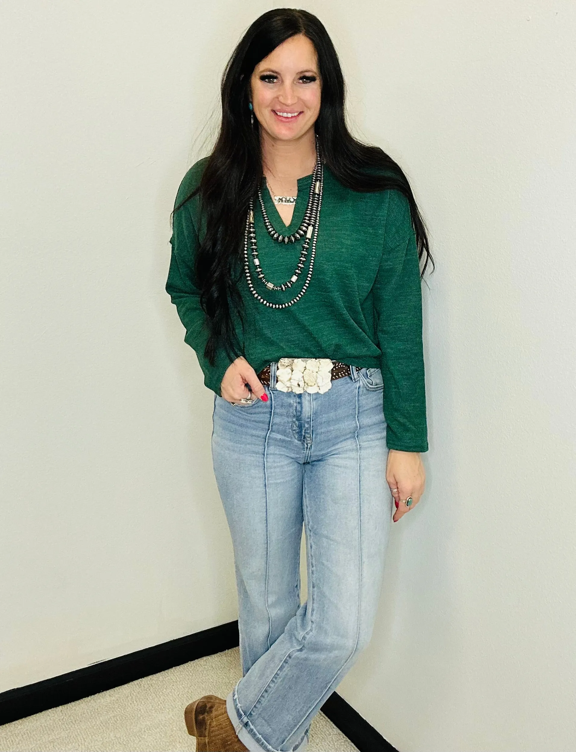 Nicole Notch Neck Green Top