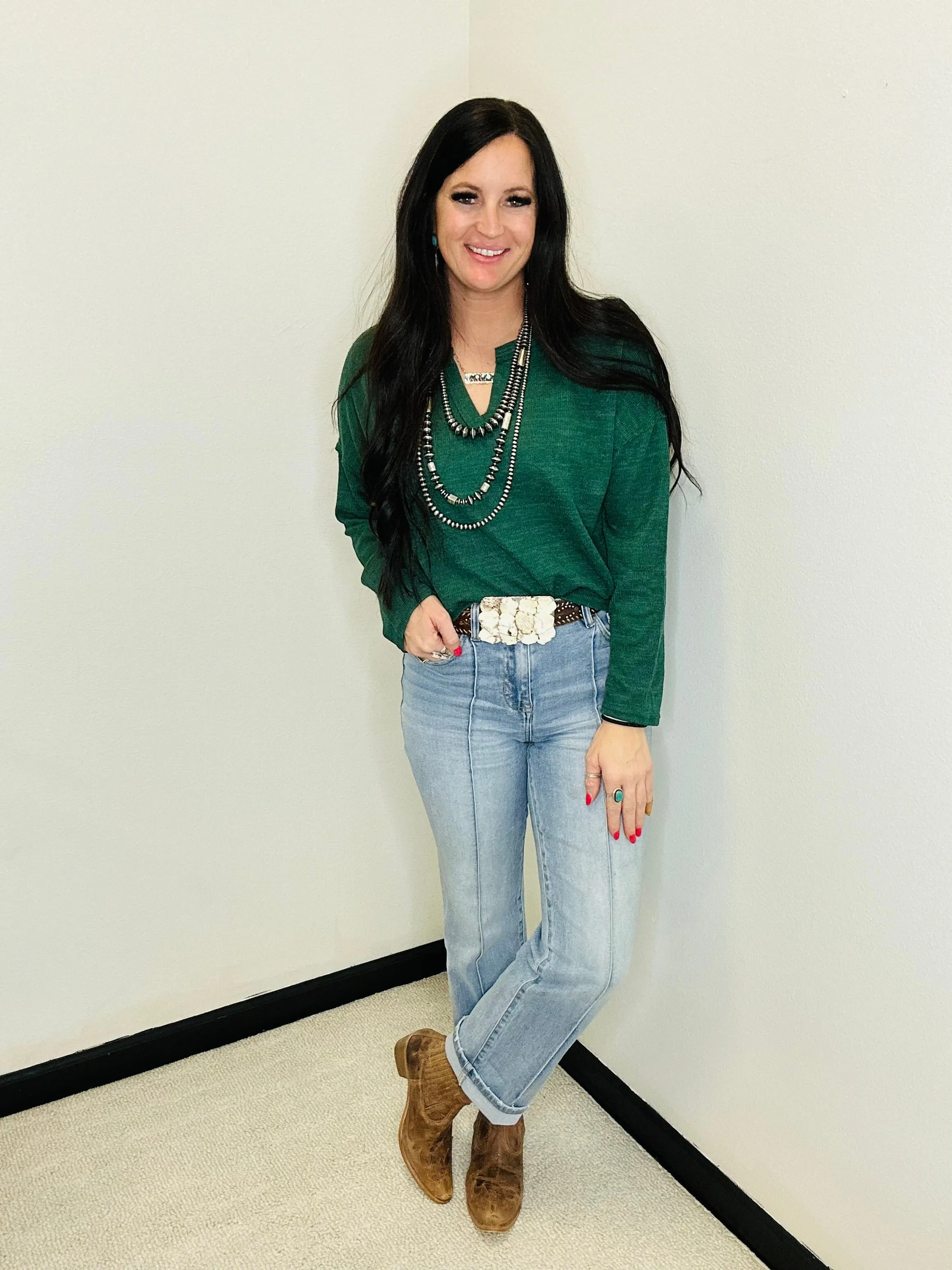 Nicole Notch Neck Green Top