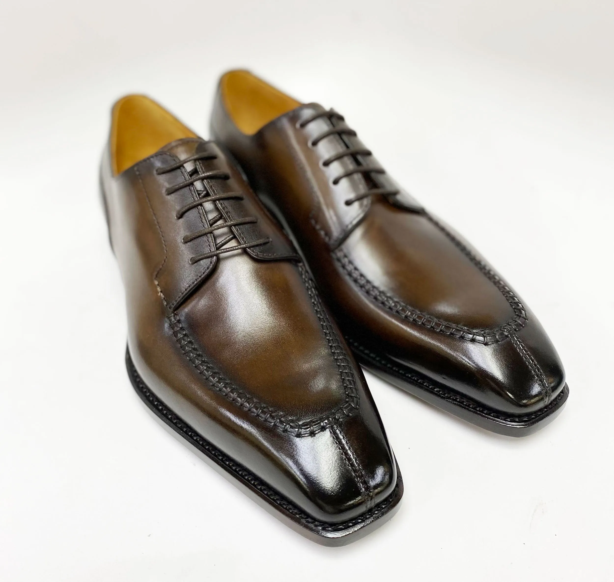 "Norman" Burnished Calfskin Lace-Up Split-Toe Oxford Brown