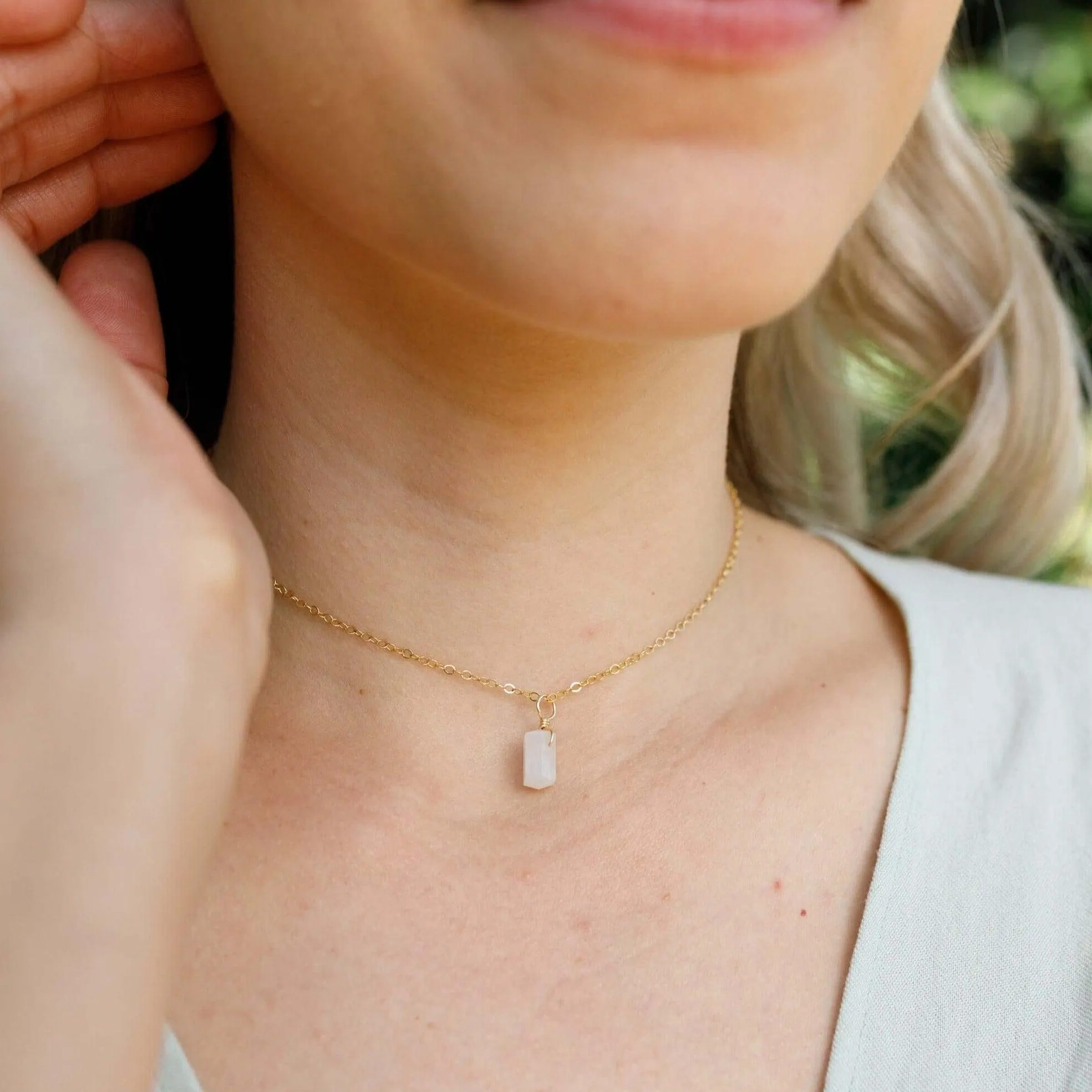 Rainbow Moonstone Mini Double Terminated Crystal Point Pendant Choker Necklace