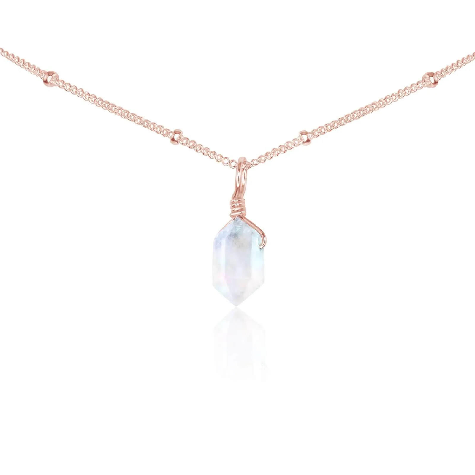 Rainbow Moonstone Mini Double Terminated Crystal Point Pendant Choker Necklace
