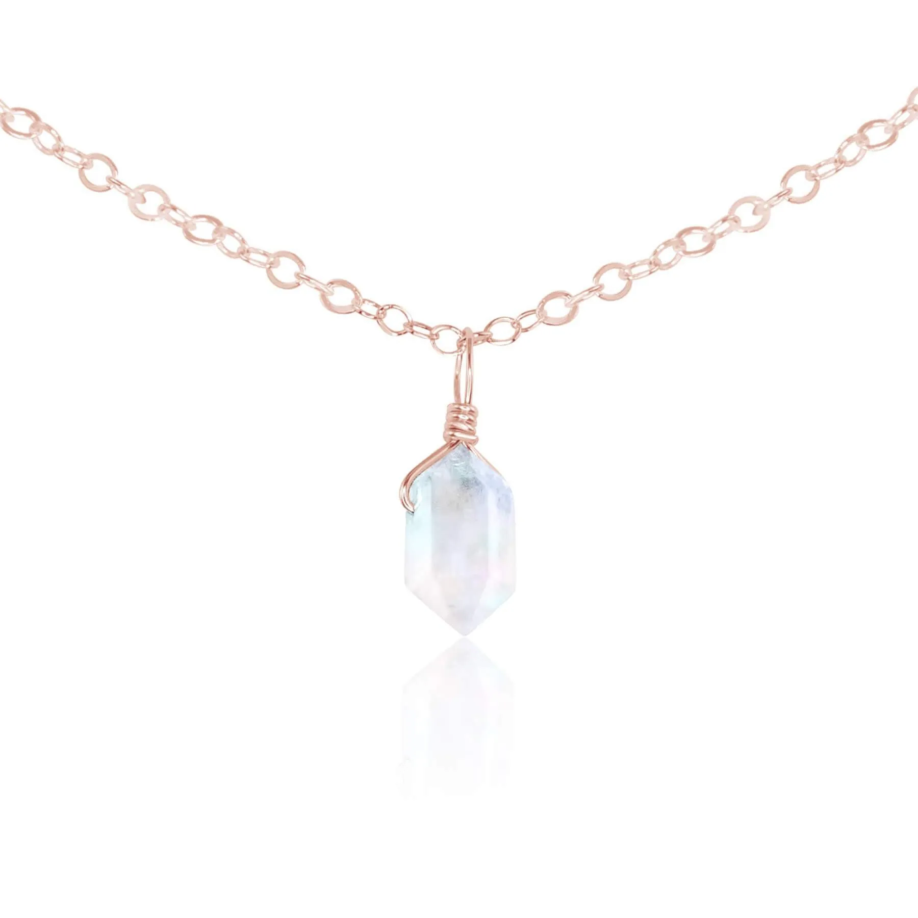 Rainbow Moonstone Mini Double Terminated Crystal Point Pendant Choker Necklace