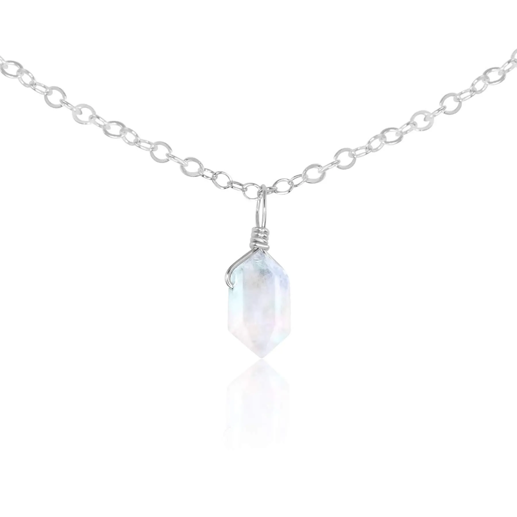 Rainbow Moonstone Mini Double Terminated Crystal Point Pendant Choker Necklace