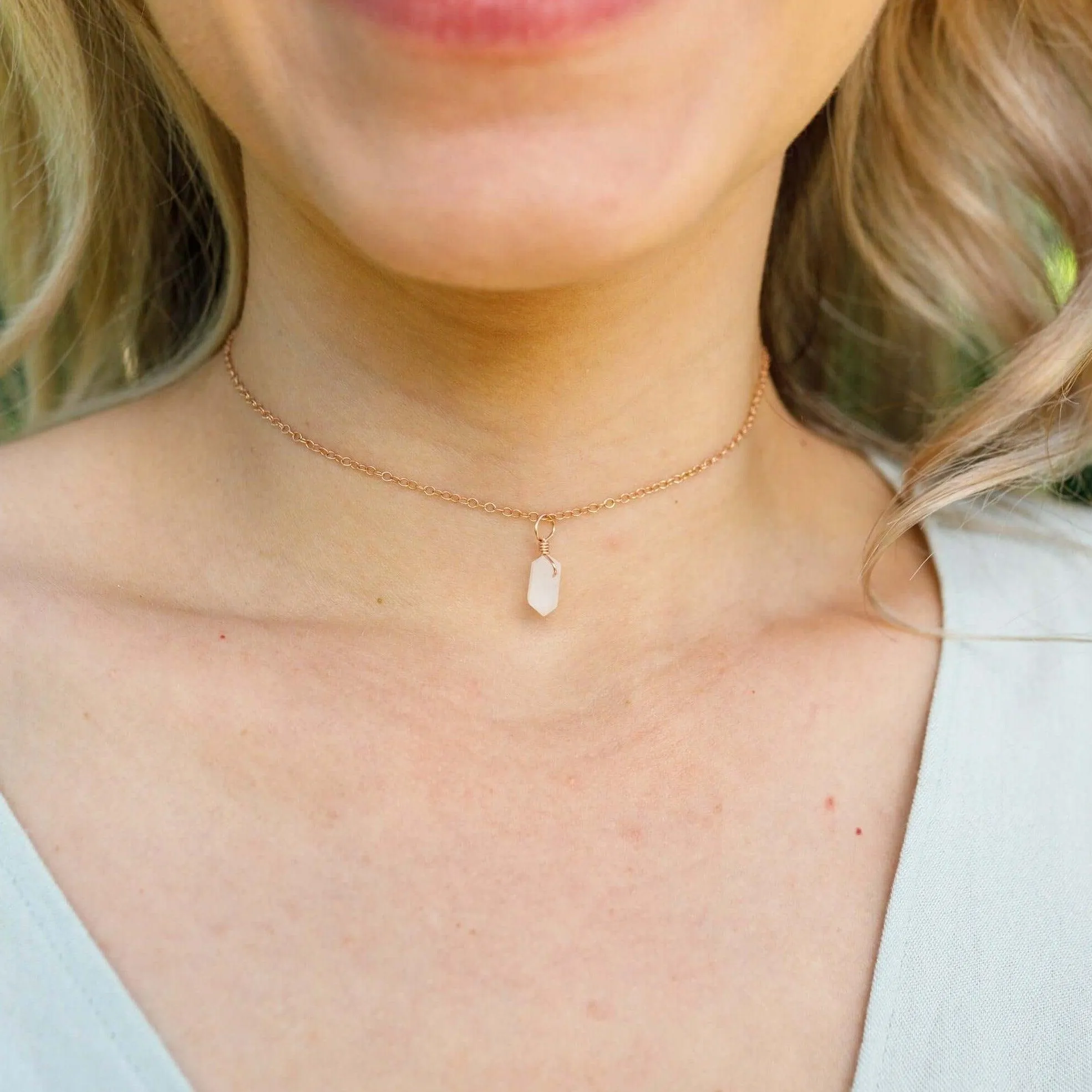 Rainbow Moonstone Mini Double Terminated Crystal Point Pendant Choker Necklace