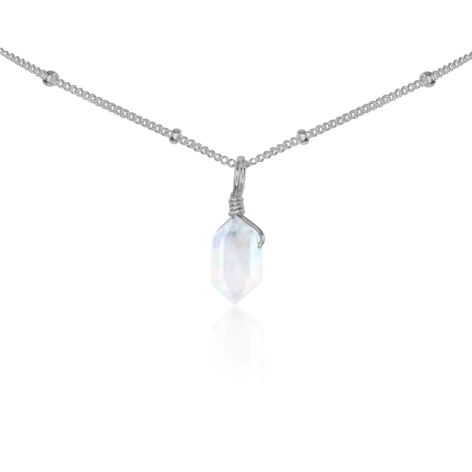 Rainbow Moonstone Mini Double Terminated Crystal Point Pendant Choker Necklace