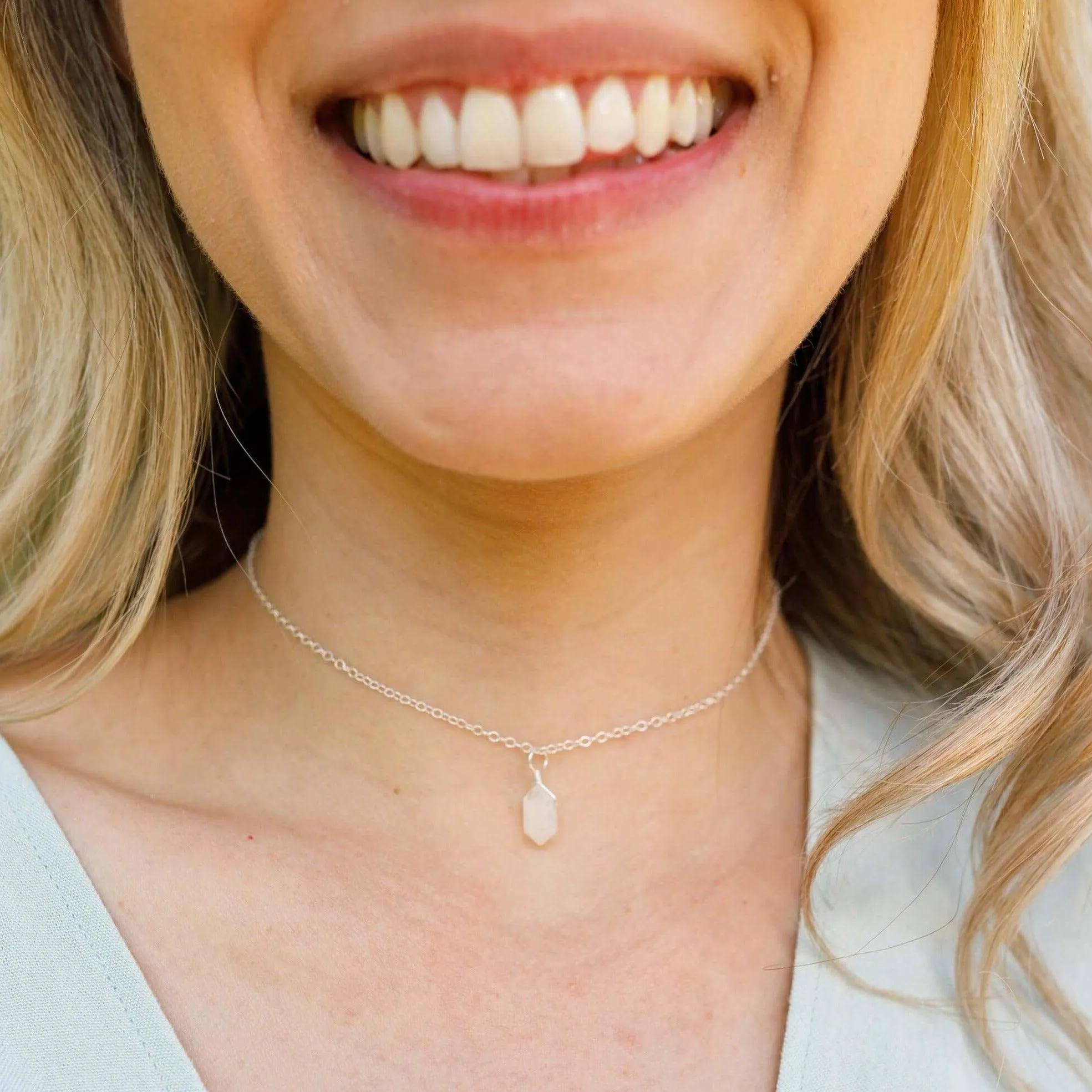 Rainbow Moonstone Mini Double Terminated Crystal Point Pendant Choker Necklace